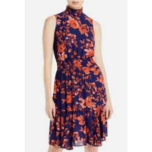 NWT Nanette Lepore Sz 10 High Neck Sleeveless Navy Floral Pleated Dress Garden